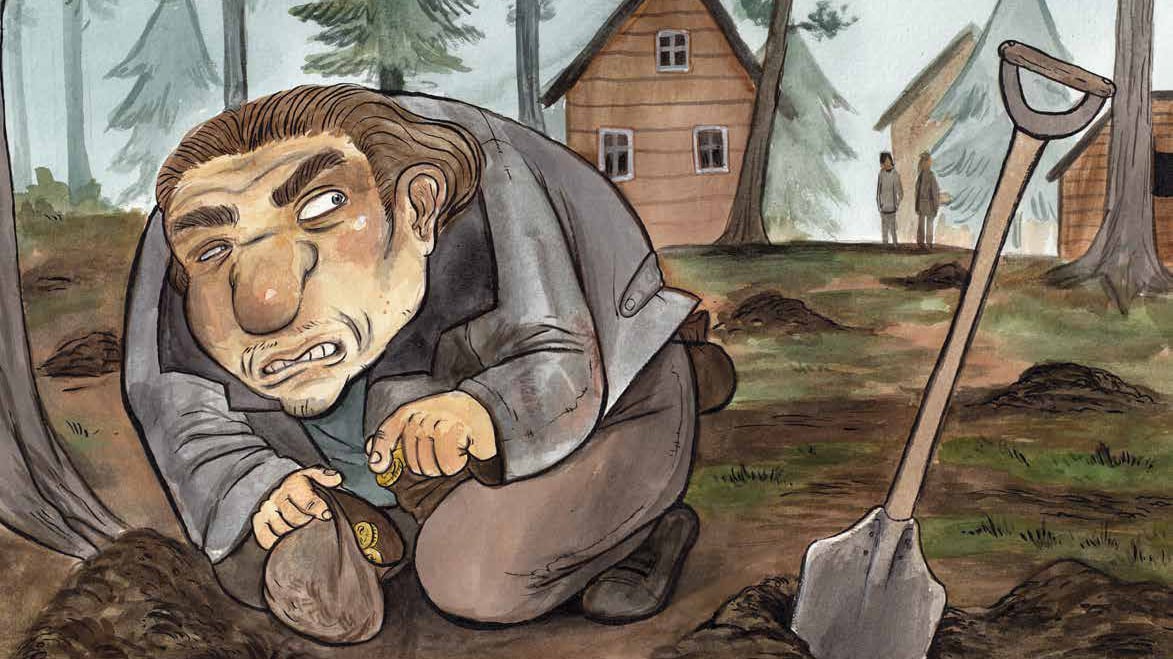 A drawn picture, where a man is dropping coins to a small bag. Beside him there is a shovel and small holes in the ground.