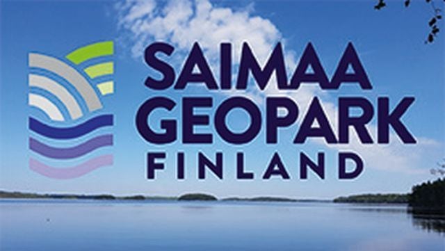 Saimaa Geopark Finland -logo kauniin järvimaiseman päällä.