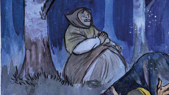 Piirroskuva, jossa on pelästyneen näköinen nainen yön pimeydessä.